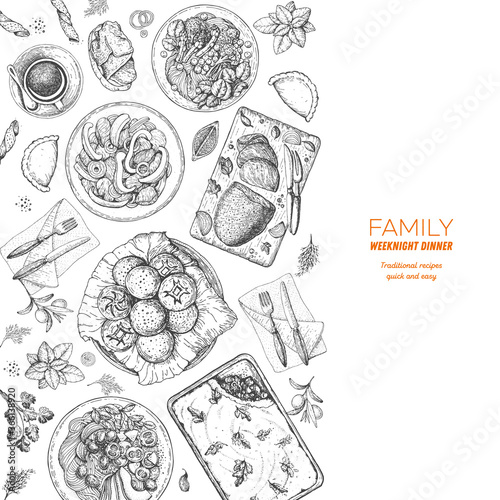 Family dinner top view, vector illustration. Friendly dinner table. Food menu. Engraved style background. Hand drawn sketch, design template.