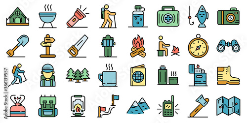 Hiking icons set. Outline set of hiking vector icons thin line color flat on white