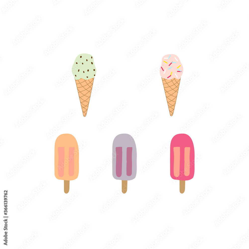 set of ice creams, embellishments, popsicles, ice lollies, ice cream cones, decorative elements set of ice creams, embellishments, popsicles, ice lollies, ice cream cones, decorative elements