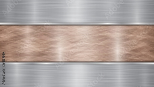 Background consisting of a bronze shiny metallic surface and two horizontal polished silver plates located above and below, with a metal texture, glares and burnished edges