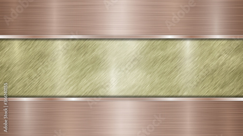 Background consisting of a golden shiny metallic surface and two horizontal polished bronze plates located above and below, with a metal texture, glares and burnished edges