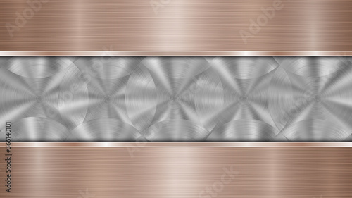 Background consisting of a silver shiny metallic surface and two horizontal polished bronze plates located above and below, with a metal texture, glares and burnished edges