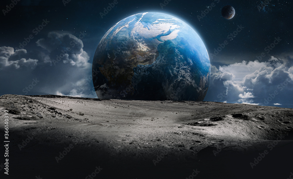 Surface of the Moon and clouds. Earth on background. Apollo space program. Sci  fi wallpaper. Elements of this image furnished by NASA Photos | Adobe Stock