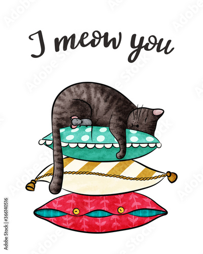 I MEOW YOU Greeting card with cute sleeping grey cat and little mouse on colorful pillows. Happy animals print on greeting card, poster, banner, t-shirt. Vector stock illustration isolated on a white 