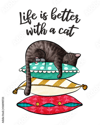 "Life is better with a cat" Greeting card with cute sleeping grey cat and little mouse on colorful pillows. Vector stock illustration isolated on white background