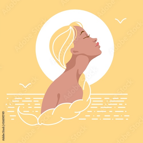 Illustration. A girl in profile with blond hair and a long braid. Against the background of the sea and the sun, sunset. Yellow. Minimalism.