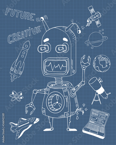 Cheerful, funny, cartoon, cute, hand drawn doodle sketch vector robot, isolated on white background. Illustration for children's coloring. Vector hand drawn blueprint illustration.