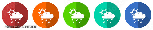 Rain icon set, red, blue, green and orange flat design web buttons isolated on white background, vector illustration