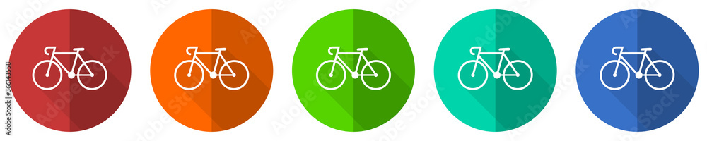 Bicycle icon set, red, blue, green and orange flat design web buttons isolated on white background, vector illustration Bicycle icon set, red, blue, green and orange flat design web buttons isolated on white background, vector illustration