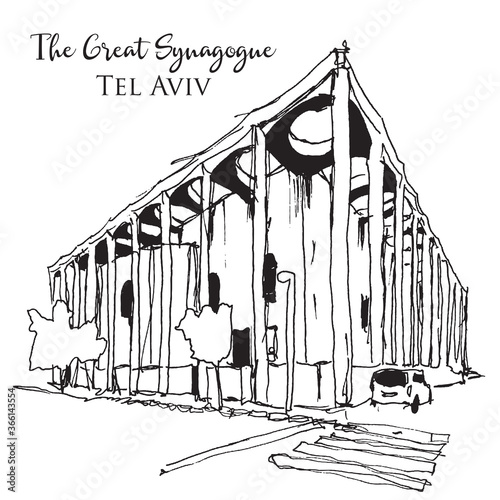 Drawing sketch illustration of the Great Synagogue in Tel Aviv