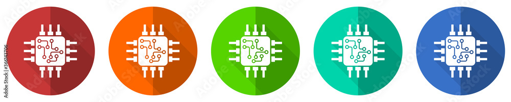 Circuit icon set, technology, chip, processor, red, blue, green and orange flat design web buttons isolated on white background, vector illustration Circuit icon set, technology, chip, processor, red, blue, green and orange flat design web buttons isolated on white background, vector illustration