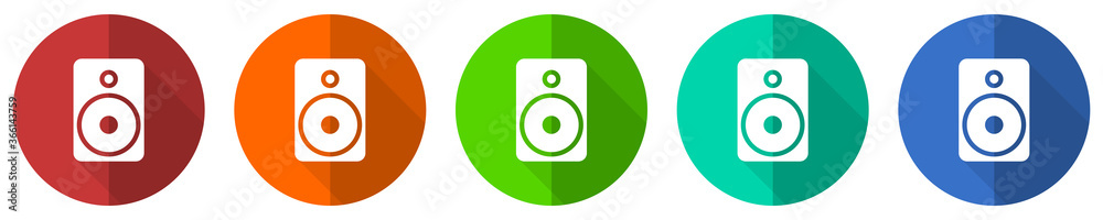 Music speaker, loudspeaker icon set, red, blue, green and orange flat design web buttons isolated on white background, vector illustration Music speaker, loudspeaker icon set, red, blue, green and orange flat design web buttons isolated on white background, vector illustration