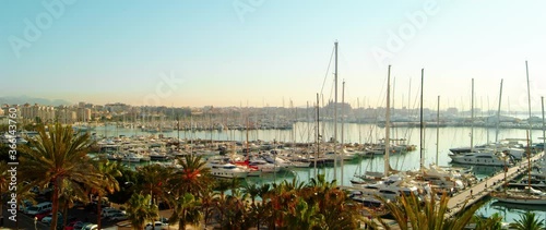 Spain District Sea Shore Landscape Scenery Boats Tourism Mountains Nature Reflecting Sun Rays in the Water