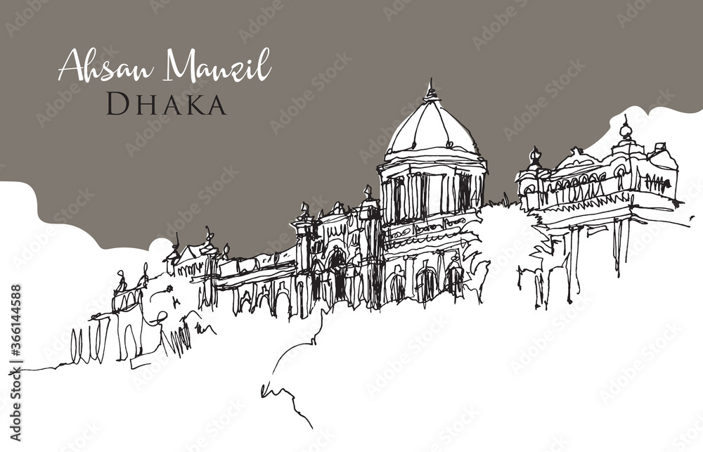 Drawing sketch illustration of Ahsan Manzil in Dhaka