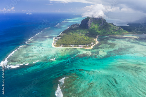 Aerial view of Le Morne Brabant and the Underwater Waterfall optical illusion and natural phenomena, Mauritius, Indian Ocean, Africa