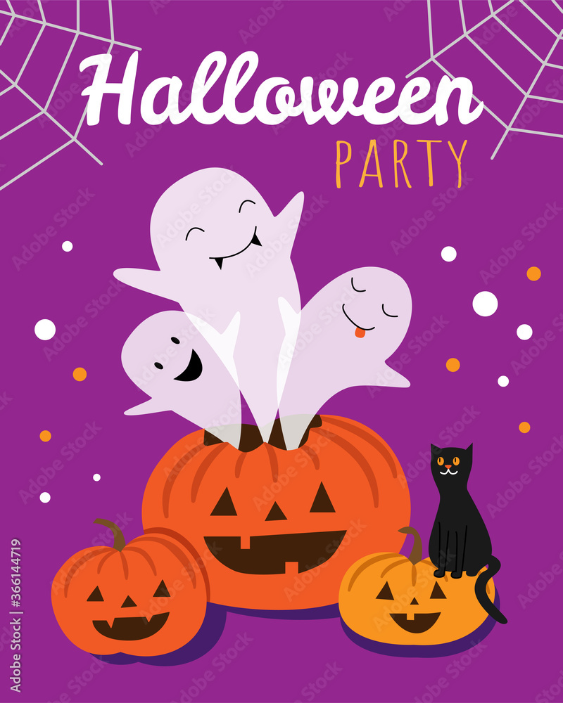 Halloween Party Poster. Three ghosts fly out of the pumpkin. The cat is sitting on a pumpkin. Halloween Party Poster. Three ghosts fly out of the pumpkin. The cat is sitting on a pumpkin.