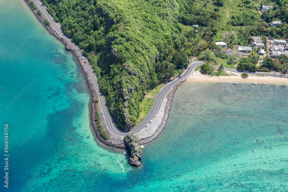 Coastal road facing the turquoise lagoon, aerial view by drone, Bel Ombre, Baie Du Cap, South Mauritius, Indian Ocean, Africa