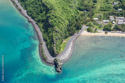 Coastal road facing the turquoise lagoon  aerial view by drone  Bel Ombre  Baie Du Cap  South Mauritius  Indian Ocean  Africa