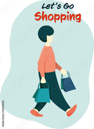 Vector flat illustration. Man carrying bags with purchases. Let's go shopping lettering. Concept of shopping addiction, shopaholic behavior.