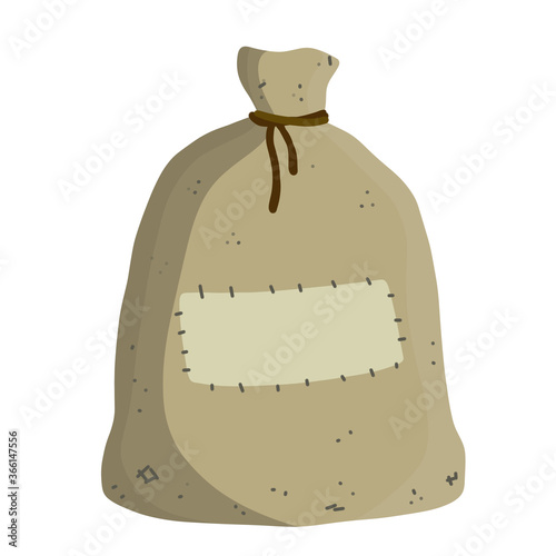 Canvas burlap bag. Cartoon flat illustration. Rustic element for mill. Packaging for storage of grain and flour.