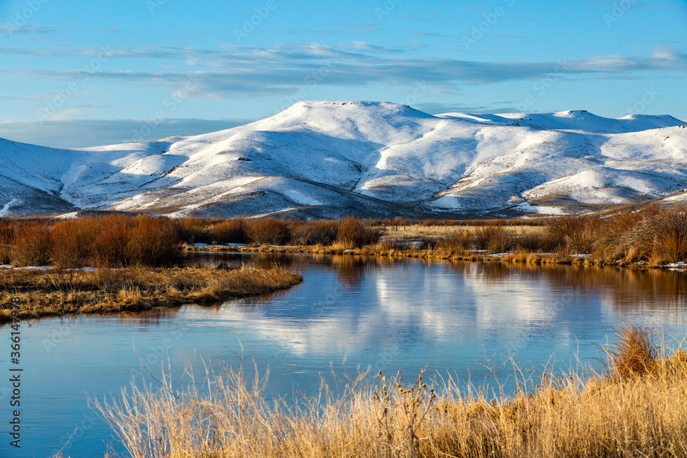 USA, Idaho, Sun Valley, Landscape with river and snowy mountains USA, Idaho, Sun Valley, Landscape with river and snowy mountains