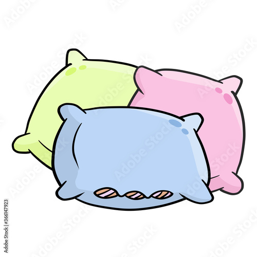 Set of pillows. Large and small object. Cartoon flat illustration. Soft colored cushions in blue and pink. Element of bedroom and bed for sleep