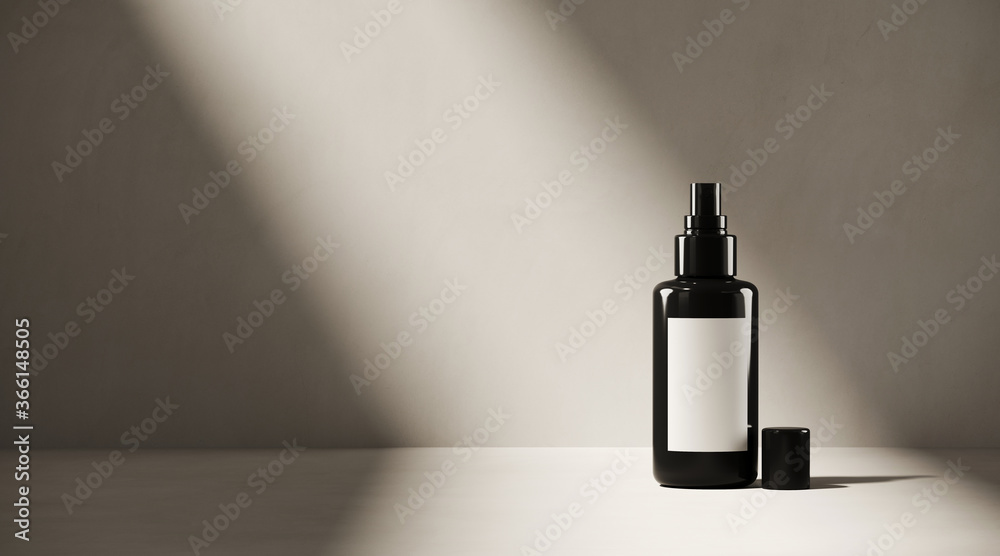 Minimal cosmetic background for product presentation. Cosmetic bottle with sunshade shadow on plaster wall. 3d render illustration. Object isolate clipping path included. Minimal cosmetic background for product presentation. Cosmetic bottle with sunshade shadow on plaster wall. 3d render illustration. Object isolate clipping path included.