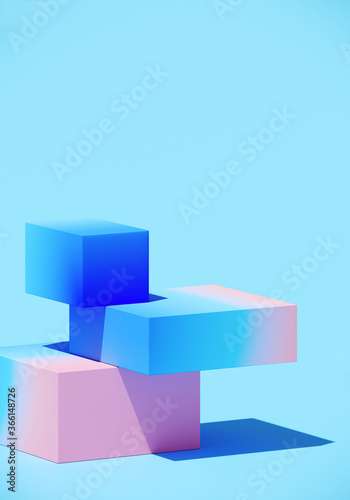 Minimal abstract mockup background for product presentation. Colorful blending vibrant gradient podium on blue background. Clipping path of each element included. 3d render illustration.