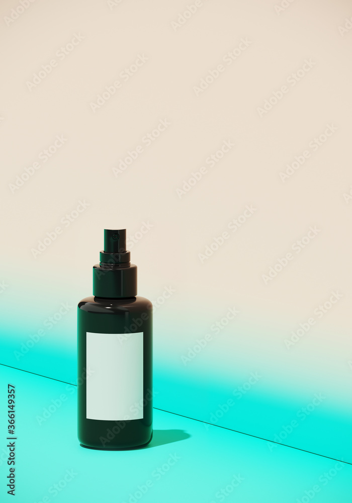 Minimal abstract mockup background for product presentation. Cosmetic bottle with green blending vibrant gradient background. Clipping path of each element included. 3d render illustration.