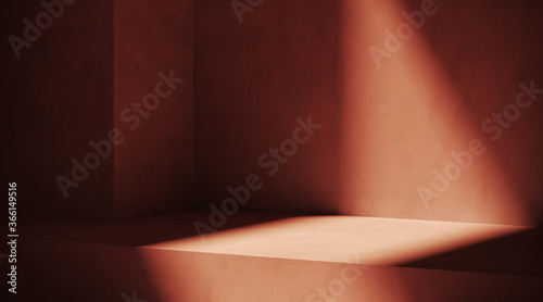 Fototapeta Naklejka Na Ścianę i Meble -  Minimal cosmetic background for product presentation. Sunshade shadow on red plaster wall. 3d render illustration. 