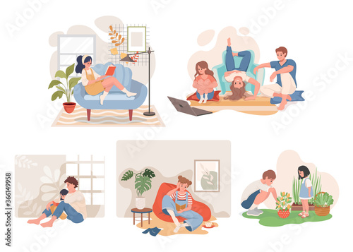 Stay at home and spend time together with family vector flat illustration. Happy people reading books, watching films, taking care of domestic plants. Relaxing at home at summer weekend.