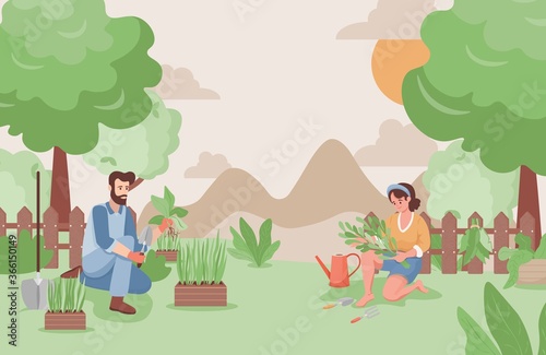 Happy man and woman working in the garden in summer vector flat illustration. Farmers or gardeners planting trees or flowers. Summer countryside landscape with green trees, hills, and bushes.