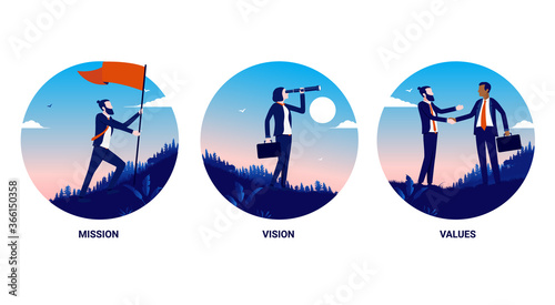 Our mission, our vision, our values - Business illustrations for core values, strategy and principles. Vector illustration.
