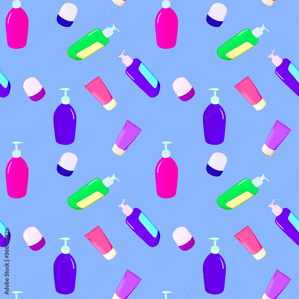 Seamless pattern with bottles, jars and tubes of cosmetics. Design for a beautician. Hygiene and beauty. Seamless pattern with bottles, jars and tubes of cosmetics. Design for a beautician. Hygiene and beauty.