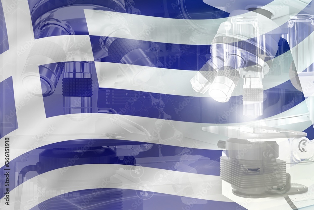 Obraz premium Microscope on Greece flag - science development conceptual background. Research in physics or pharmaceutical industry, 3D illustration of object