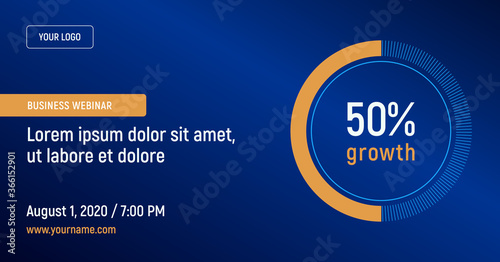 Business webinar with diagram 50% growth and contact data on a dark blue background. Vector template for webinar, conference, e-mail, flyer, meetup, party, event, web header