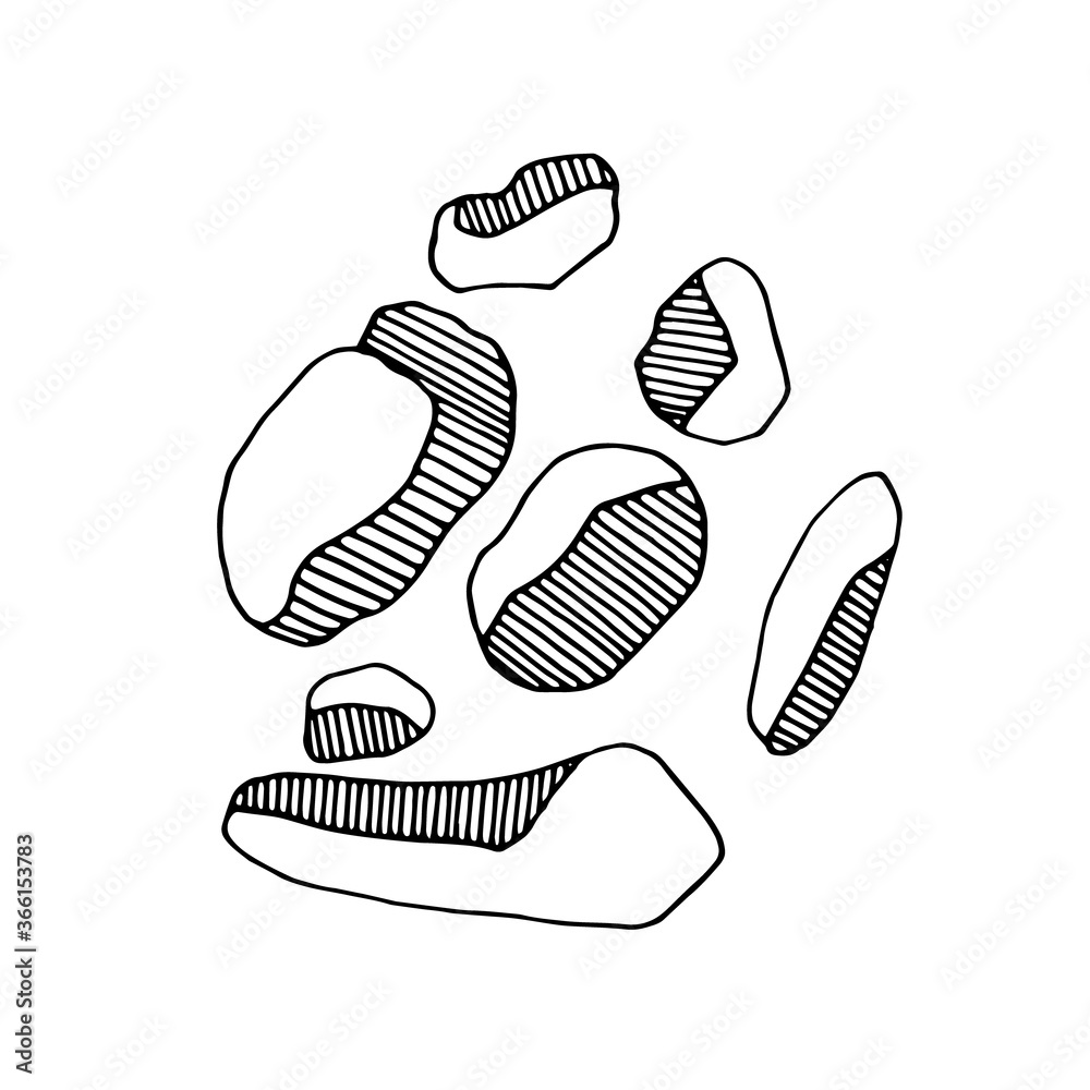 Hand-drawn stylized image of stones of different sizes. Black and white vector image isolated on white background. Hand-drawn stylized image of stones of different sizes. Black and white vector image isolated on white background.