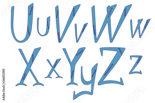 Stitched alphabet for halloween. Hand-drawn lettering in frankenstein style.  U, V, W, X, Y, Z letters for your design, banner, logo, type, card, poster. Uppercase and lowercase font