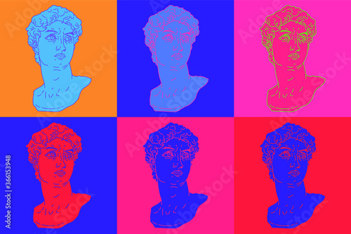 Pop art style collage with colorful gypsum heads. Trippy Retro Print for Wall Poster in Psychedelic Hippie 60s-70s stylization with Bright Acid Rainbow Colors.