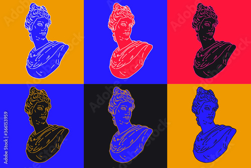 Pop art style collage with colorful gypsum heads. Illustration with psychedelic trippy vibe.