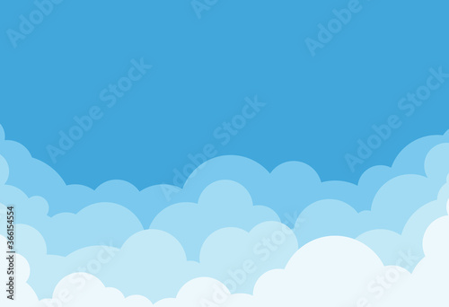 Cloud sky vector background pattern in cartoon style for summer sunshine poster design. Light blue flat fluffy heaven clouds illustration for banner scene backdrop. White and blue nature landscape V3