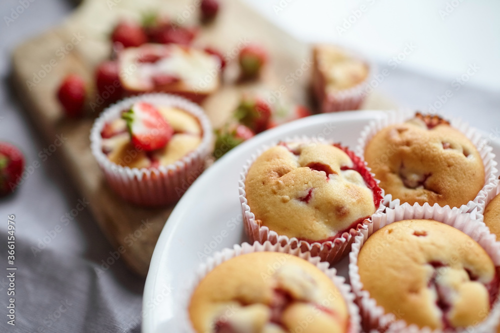Strawberry muffins with fresh strawberries - summer healthy dessert