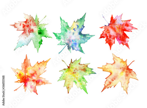 Set of autumn leaves isolated on a white background. A collection of multicolored leaves for design and creativity. Collection of colorful maple leaves. Watercolor illustration.