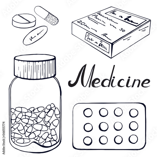 Outline medicine set with hand-drawn pills