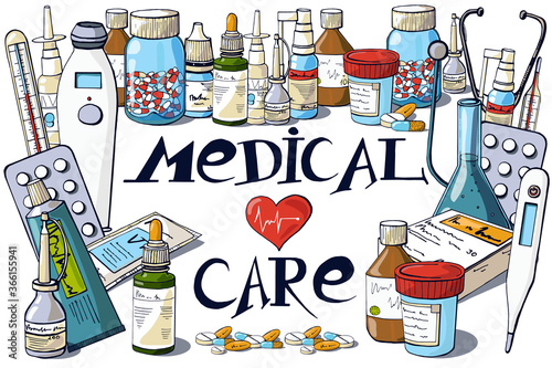 Color medicine set with hand-drawn elements