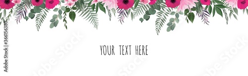 Horisontal botanical vector design banner. Eucalyptus, succulents, flowers, greenery. Natural spring card or frame.