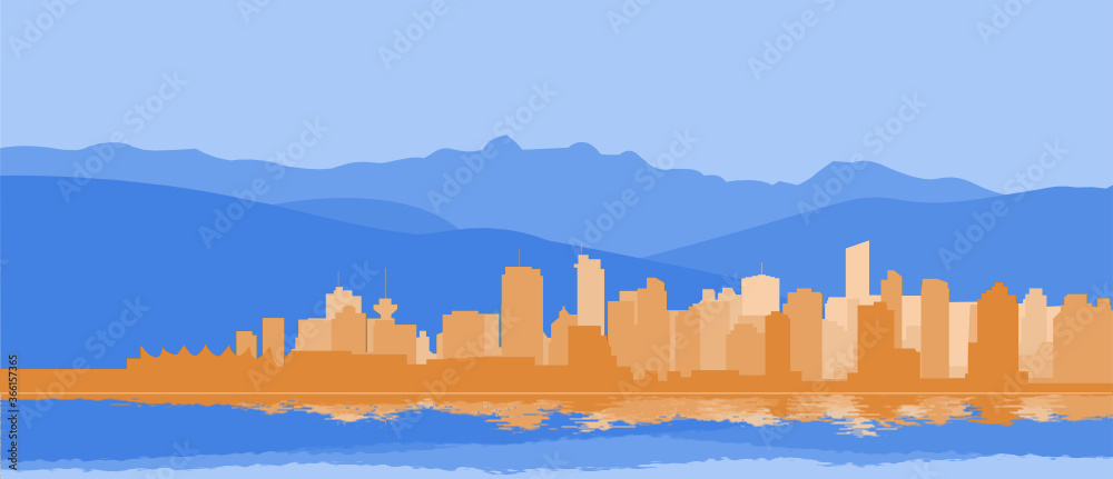 Fototapeta premium Vancouver buildings and North Shore Mountains in silhouette, with reflection in the water. Modifiable vector image.