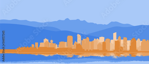 Vancouver buildings and North Shore Mountains in silhouette, with reflection in the water. Modifiable vector image.