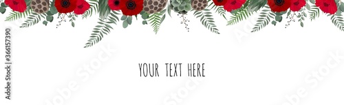 Horisontal botanical vector design banner. Eucalyptus, succulents, flowers, greenery. Natural spring card or frame.