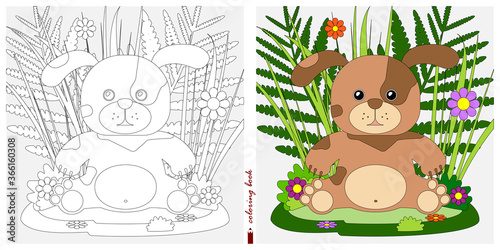 Black-and-white and color images for a color book. Outline drawing with children's themes. A puppy is sitting in a clearing among flowers and ferns. For color books, children's prints, postcards.